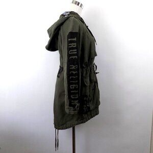 True Religion Parka Jacket Military Army Green Size Small Linen Blend Hooded